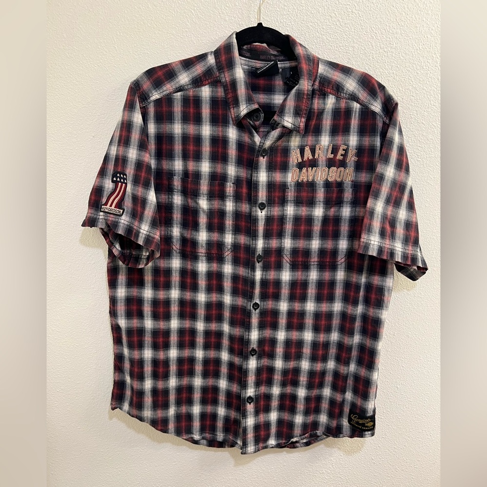 Harley Davidson Mens Button Front Shirts Sz L Red Black Plaid Short Sleeve Logo